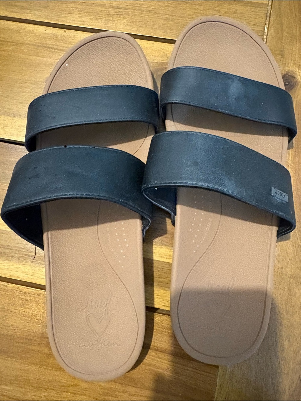 Reef Women's Black Dual-Strap Slide Sandals with Tan Footbed